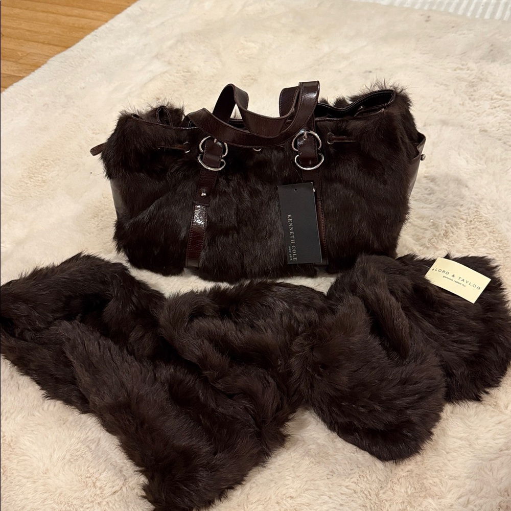 Kenneth Cole Java Fur Satchel w/matching Rabbit Fur Wrap from Lord & Taylor - Picture 2 of 14